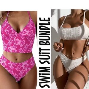 👙2 Swim Mod hot pink floral and baby pink ribbed bikini NWOT size small women 👙